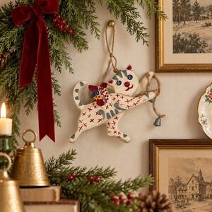 Vintage Folk Art Christmas Cat Ornament with Bell, Nostalgic Holiday Decor